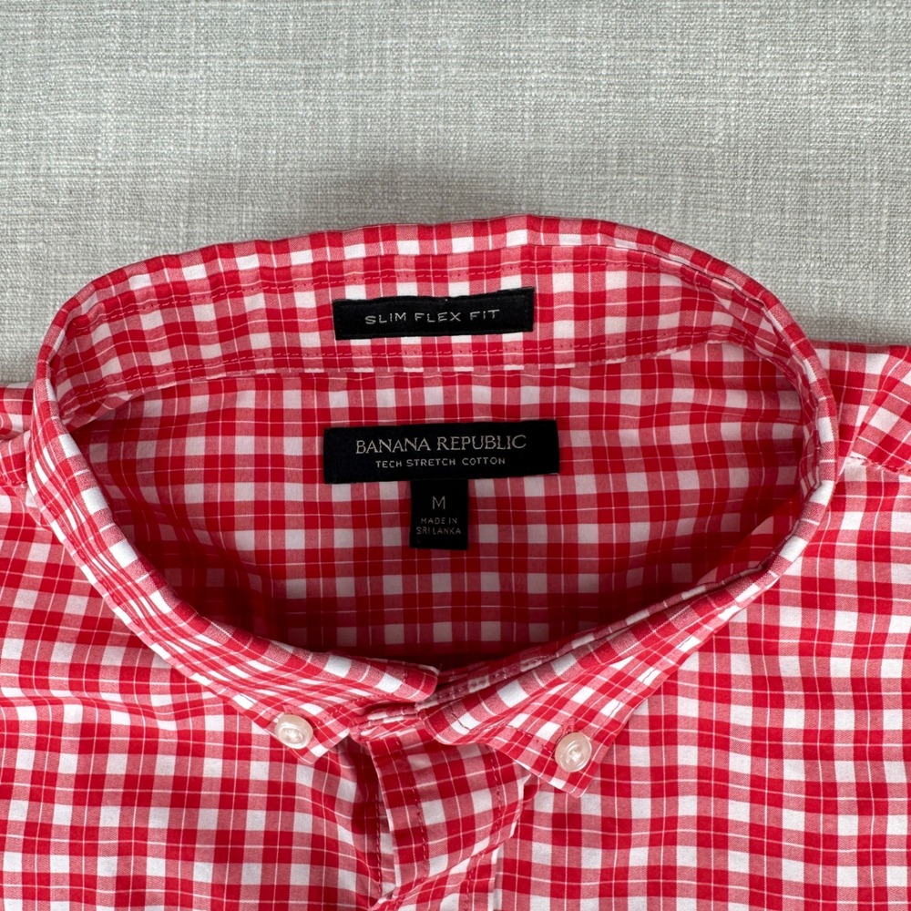 Banana Republic Button Down Mens M Red Gingham Slim Flex Fit Tech Stretch Cotton - Picture 10 of 14